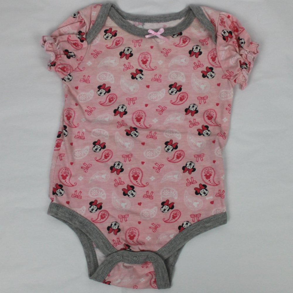 Disney Baby Minnie Mouse All Over Print Short Sleeve Pink Gray Bodysuit